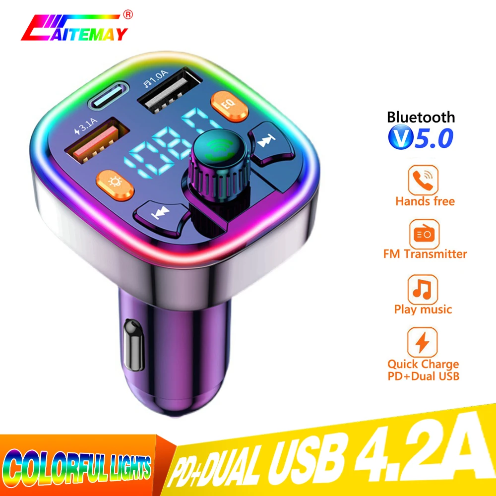 

Ambient Light Car FM Transmitter Dual USB PD Type C Fast Car Charge Bluetooth 5.0 Handsfree External Microphone Car FM Modulator