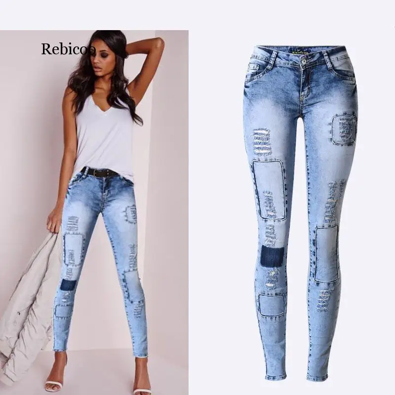 

Summer Style Low Waist Sky Blue Patchwork Skinny Tights Women Pencil Jeans High Stretch Sexy Push Up Denim Women Fashion Jeans