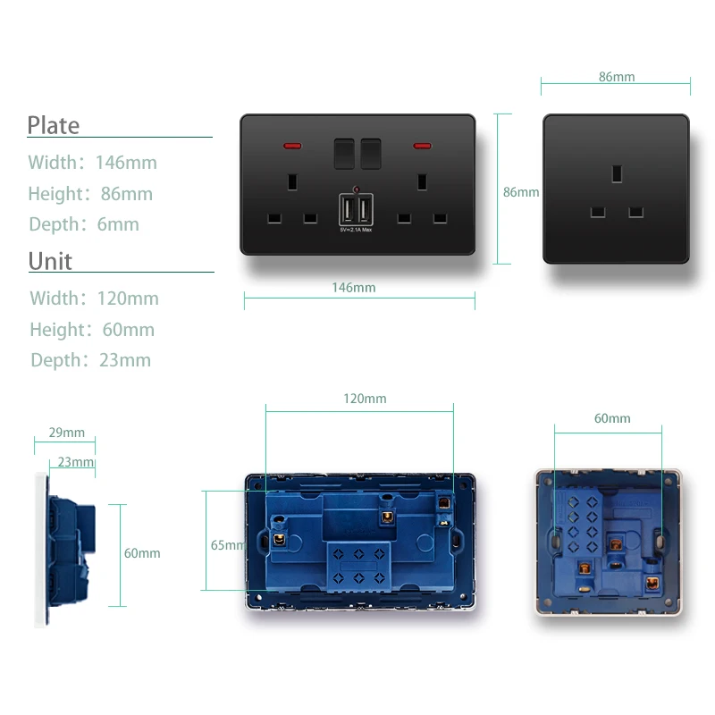 Pulsante interruttore luce av80-pannello spazzolato dorato interruttori a parete USB EU UK Dimmer 16A 20A 45A 110-250V 1 2 3 4Gang 1 2 vie