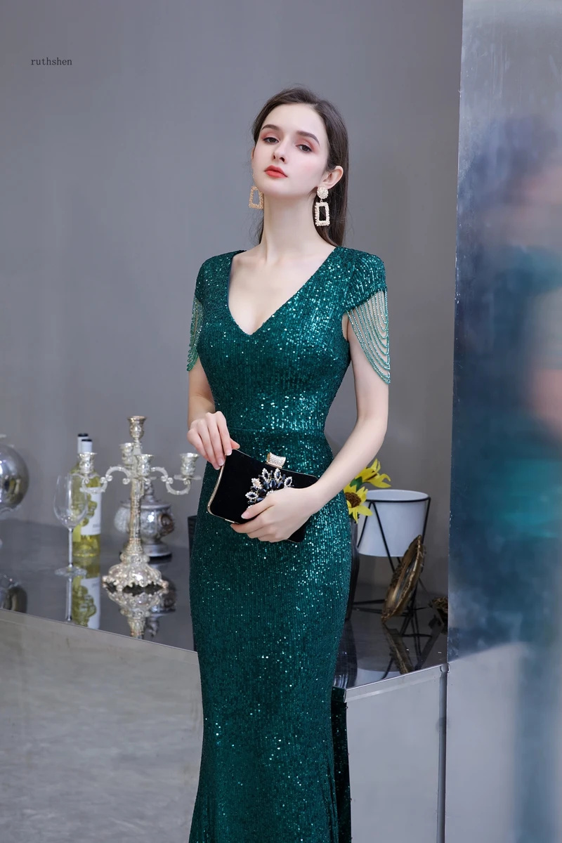 Sequined Maxi Dress Elegant V Neck Emerald Green Mermaid Formal Party Evening Dress With Beading