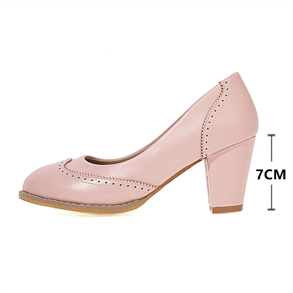 2023 Chunky Block Heel Pumps Round Toe Closed Toe Office Dress Lady Med Heel Leather Classic Pumps Shoes White Yellow Pink Black