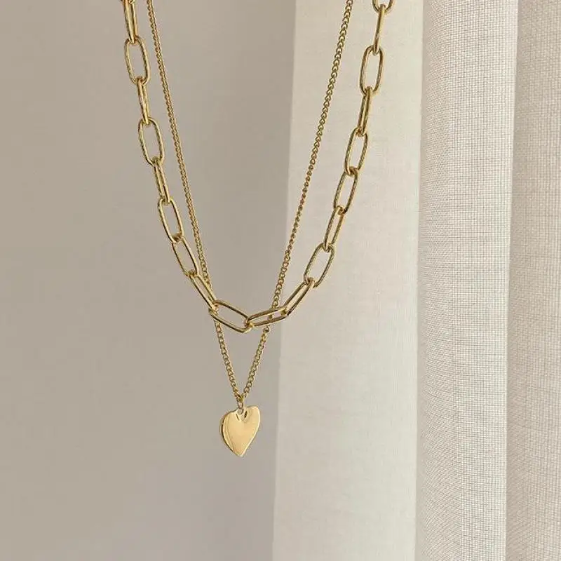 2021 New New Metal Double-layer Necklace Ins Cold Wind Hip-hop Sweater Chain Love Long Pendant Necklace Jewelry Accessories