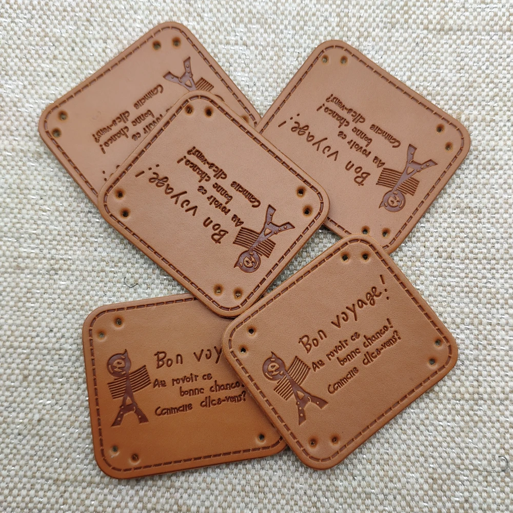 Bon Voyage With French Tower Handmade Leather Patch For Clothing Hand Made Pu Leather Tag With French Tower Handmade Label