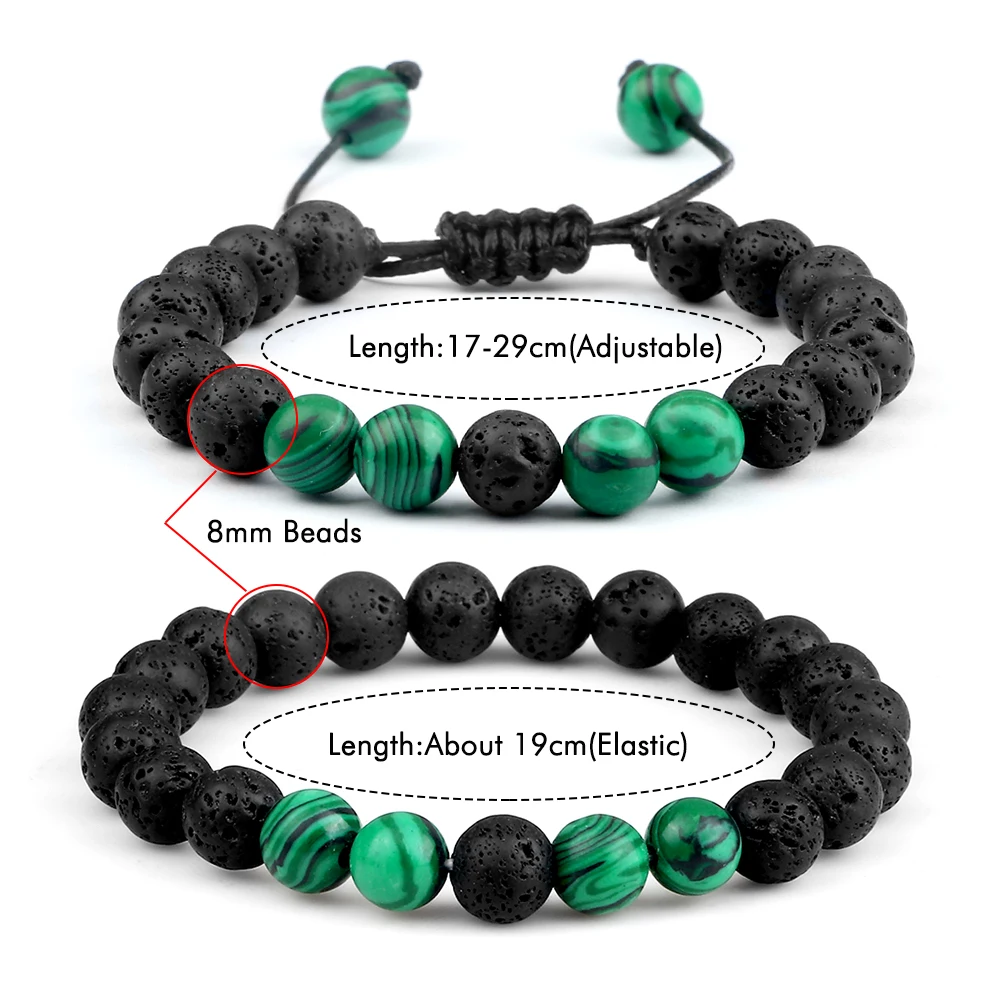 Pulsera de cuentas de Lava de piedra Natural para hombre, brazaletes elásticos hechos a mano de malaquita, howlita, hematita, roca volcánica,