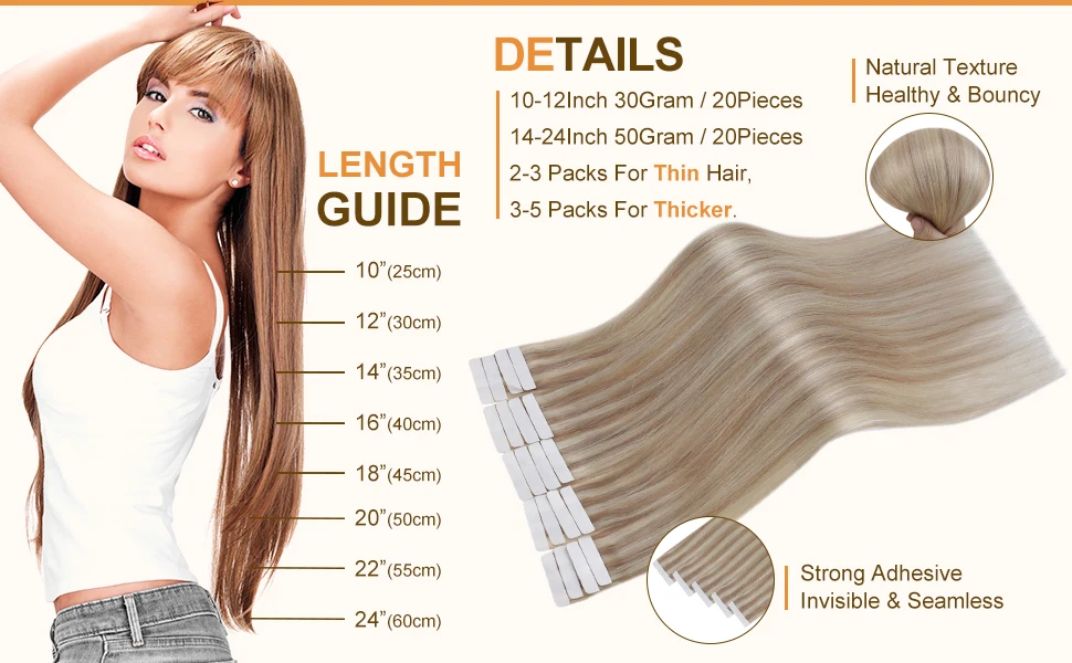 Full Shine Tape in Haarverlängerungen, Remy-Echthaar, dunkelstes Braun, 30,5–61 cm, 100 % Remy-Echthaar, unsichtbare Glätte – Detail 11