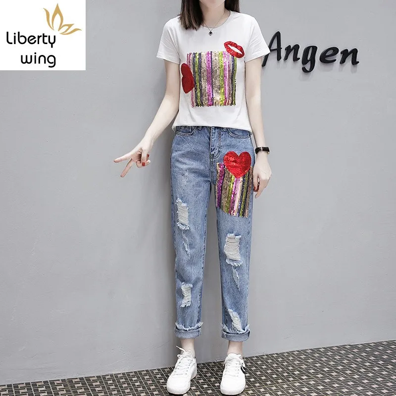 

Fashion Summer Women Hole Ripped Jeans Two Piece Set Sequined Short Sleeve T-shirt Tracksuit Streetwear Slim Fit Ensemble Femme