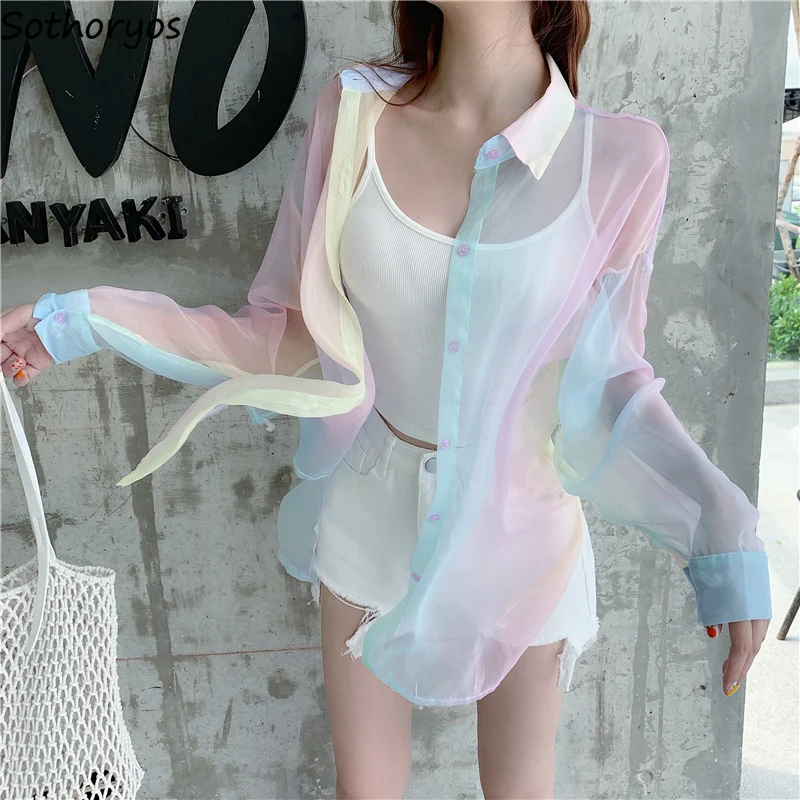 Gradient Rainbow Shirts Women Elegant Holiday Outdoor Sun-proof Translucent Long Sleeve Outerwear Female Tender Korean Fashion