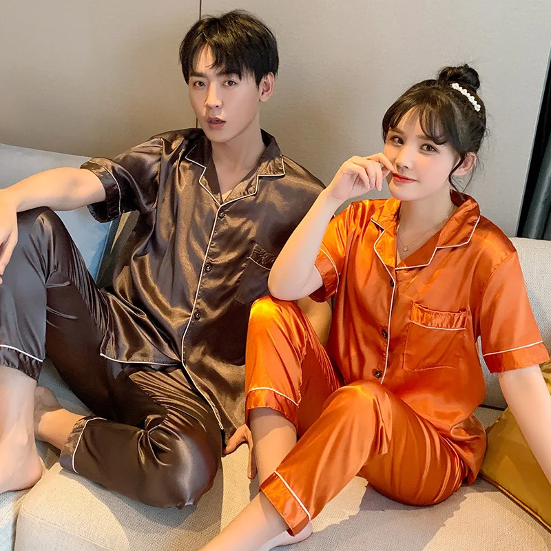 Spring Silk Satin Pajamas Couple Set Summer Short Sleeve Button-Down Sleepwear Women Men Solid Color Loungewear Plus Size Pj Set