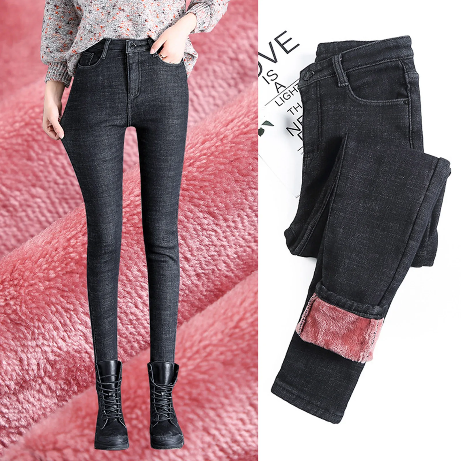 

Women's Velvet Denim Pants, Ladies' Fleece Jeans, Warm, Thick, Casual, Loose, Street, Youth Fashion, Winter, 2024