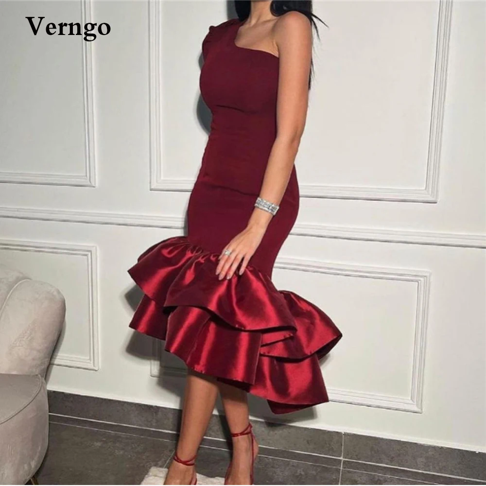 

Verngo Dark Burgundy Mermaid Prom Dresses One Long Sleeve Stretch Satin Tiered Skirt Tea Length Women Party Evening Gowns