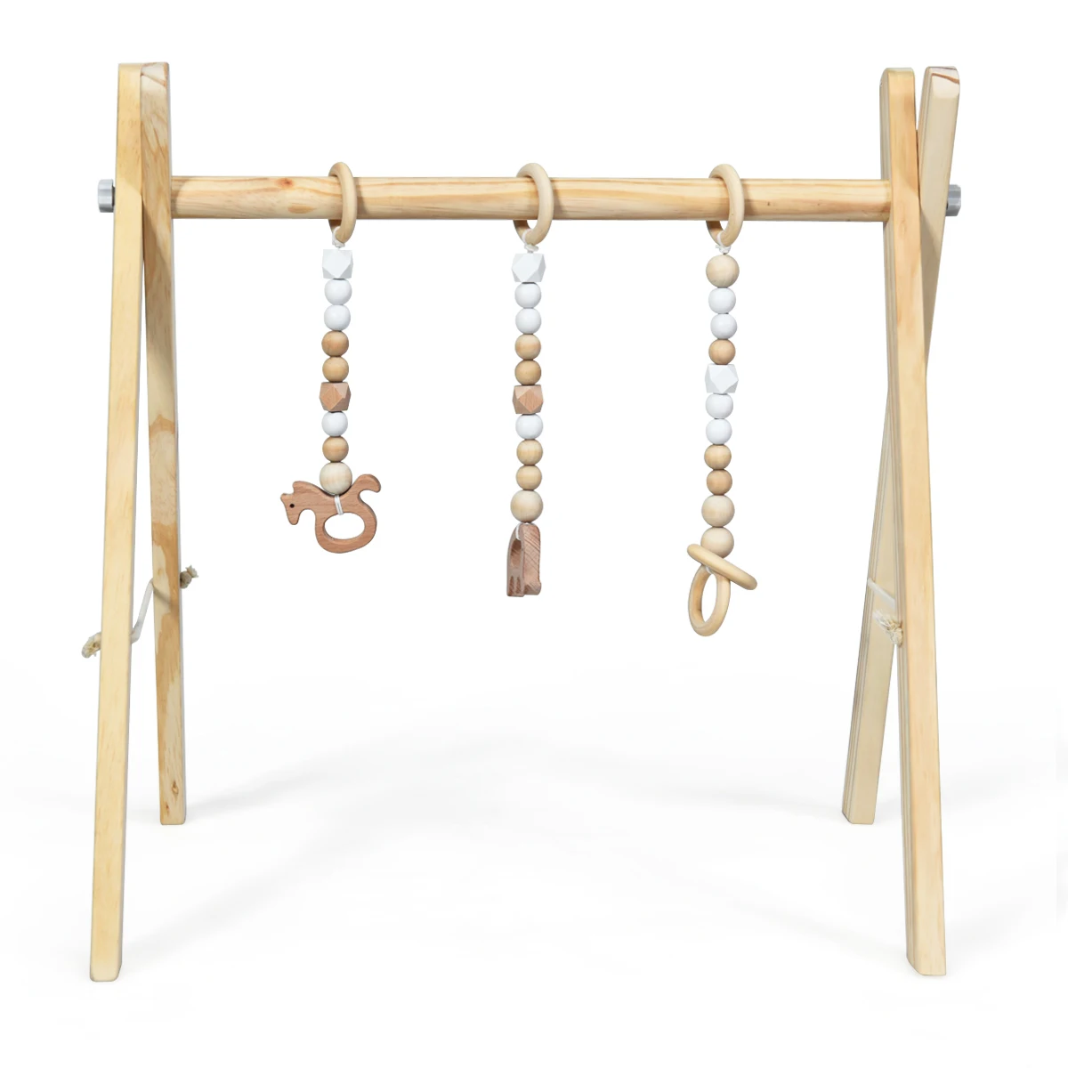 

Foldable Wooden Baby Gym w/ 3 Wooden Baby Teething Toys Hanging Bar Natural