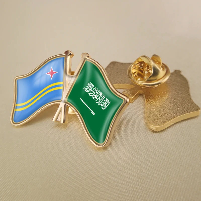 Aruba and Saudi Arabia Crossed Double Friendship Flags Lapel Pins Brooch Badges