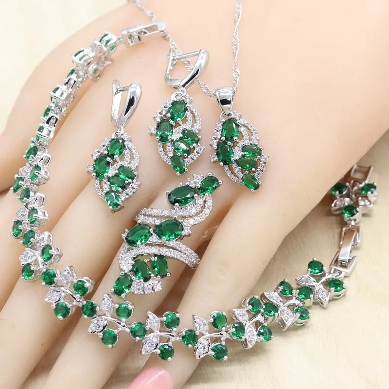 Trendy Green Semi-precious Women Silver 925 Wedding Jewelry Sets with Bracelet Necklace Pendant Earrings Ring Birthday Gift