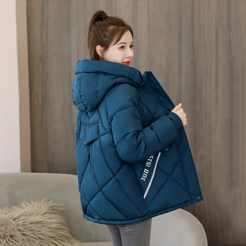 

Women's Winter Coat Plus Size Short Style Hooded Female Jacket With Zipper Letter Print Solid Stand Collar Thick Casual Parkas