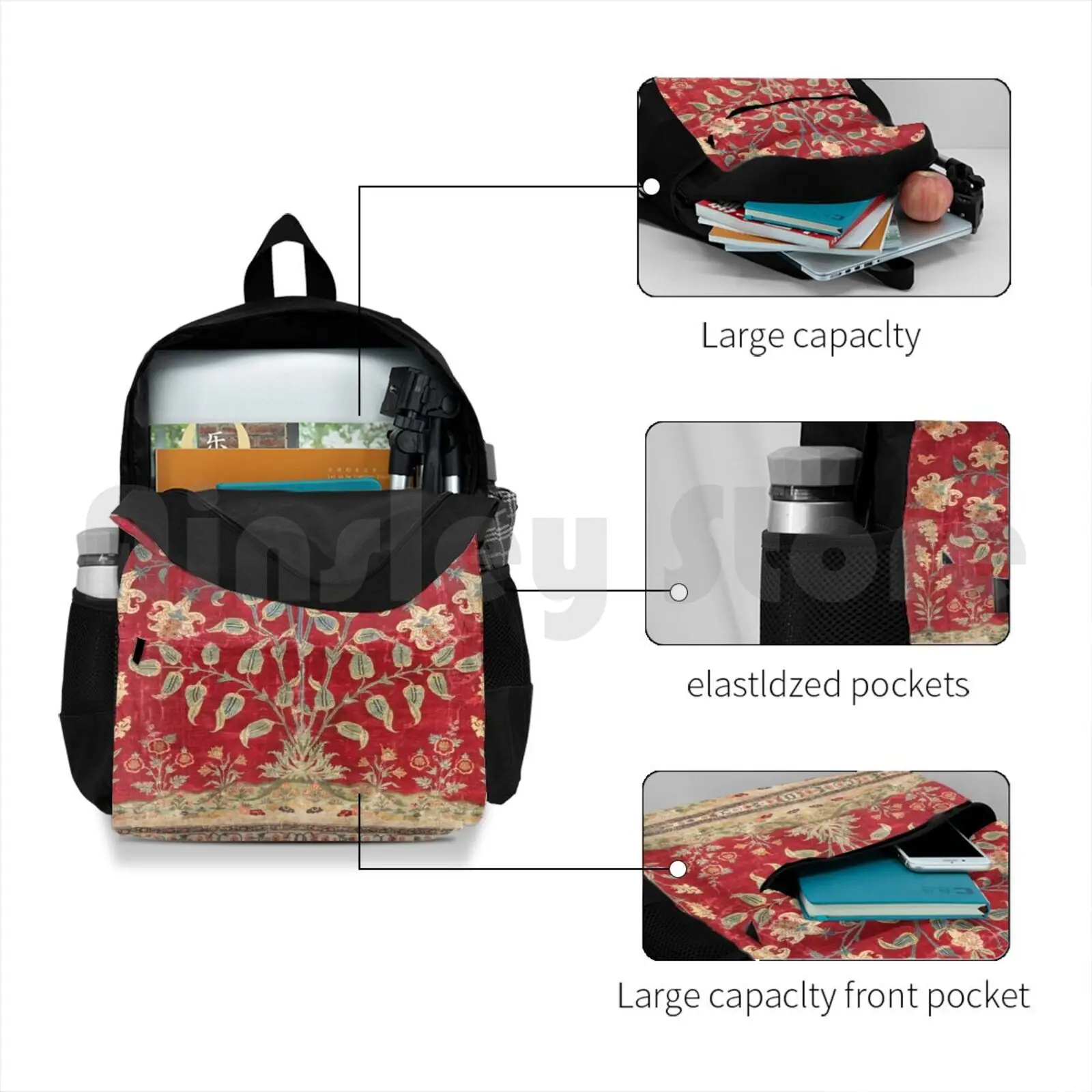 Indian Floral Rug 17th Century Fine Art Print Outdoor Hiking Backpack Riding Climbing Sports Bag Vintage Vintage Rug Carpet