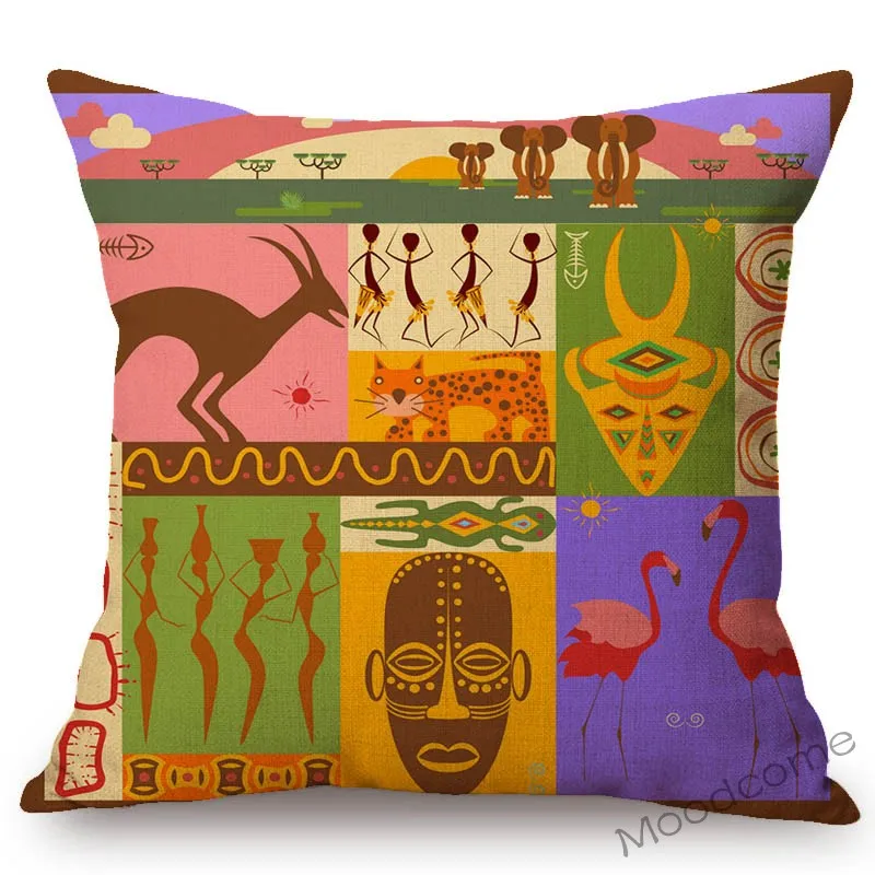 Cute African Animal Cartoon Design Pattern Geometric Sofa Decoration Pillow Case Animal Tribes Zebra Kangaroo Mask Cushion Cover