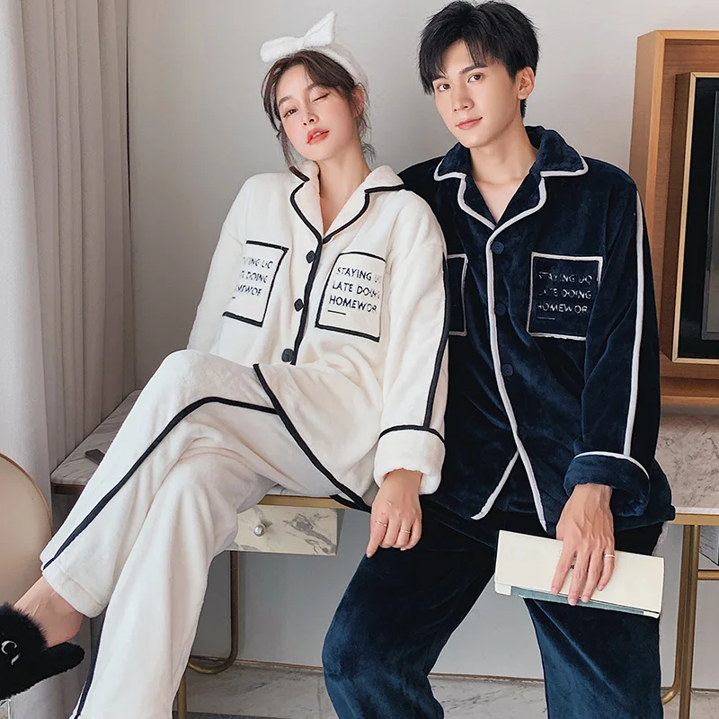 

Couple Pajamas Autumn Winter Ladies Flannel Casual Nightgowns Thickened Home Service Suits Pijamas Warm Nightwear