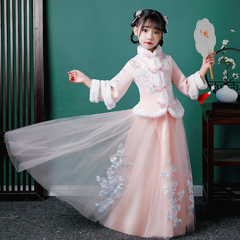 Winter Girls' Hanfu Chinese Embroidery Long Sleeve Thickened Dress Birthday Party Dress Coming-of-Age Ceremony Clothing