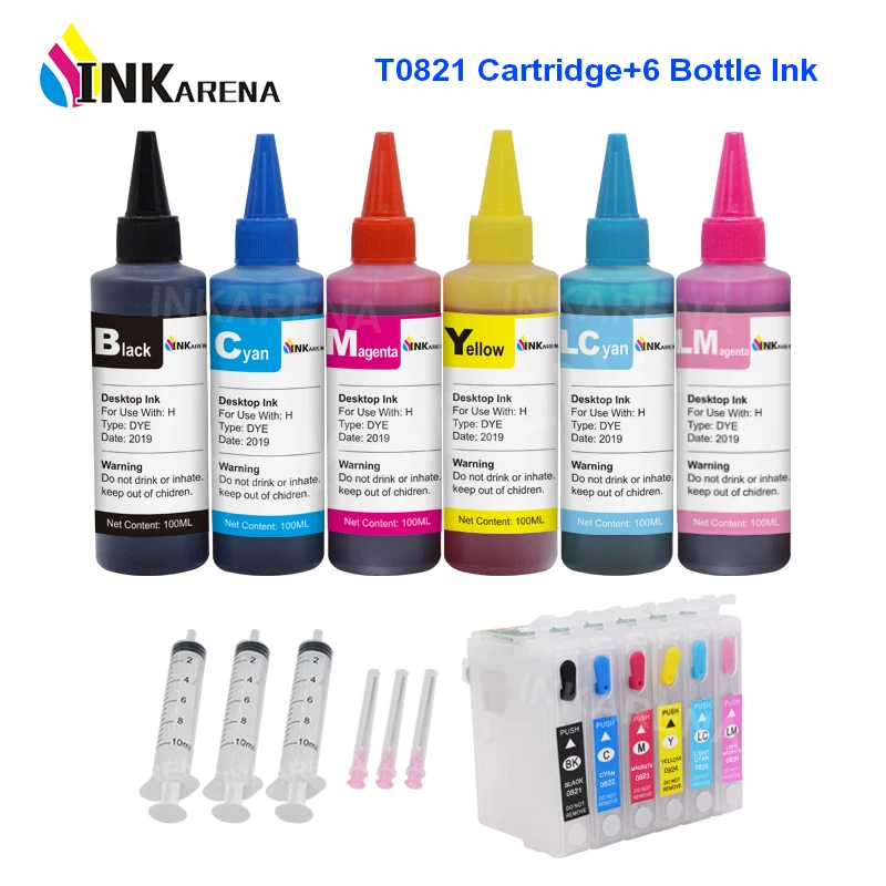 INKARENA Printer Dye Ink Refill Kit + T0821N T0821 Ink Cartridge For Epson Stylus Photo TX650 TX659 700W 710W 800FW Artisan 1410