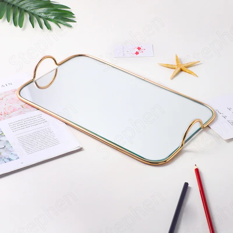 Golden Border Glass Mirror Coffee Table Tray Nordic Simple Display Cosmetics Jewelry Trays Decorative Living Room Decoration