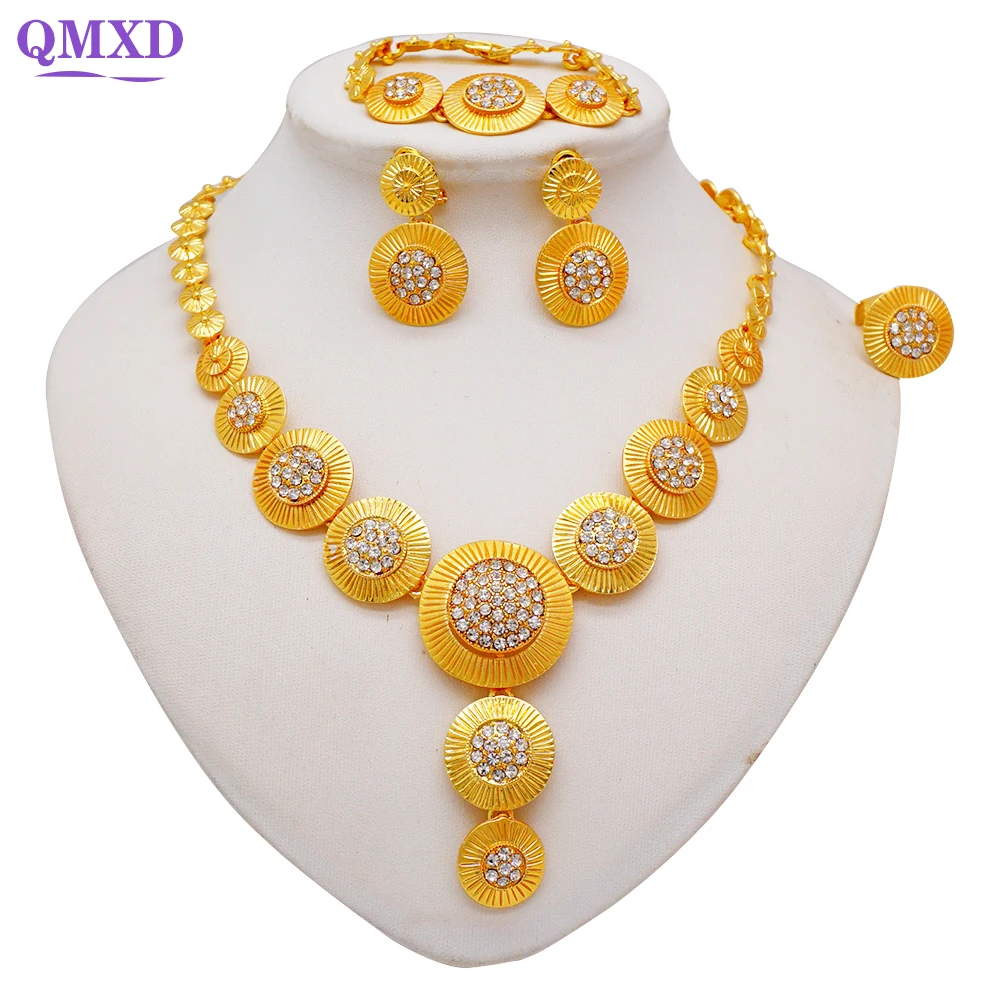 Dubai Gold Color Round Jewelry Sets For Women Necklace Earrings Bracelet Ring Set African Indian Bridal Wedding Jewelry Set