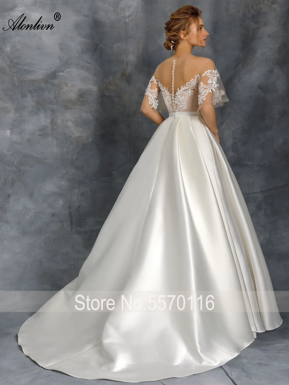 Alonlivn Unique Beading Lace Wedding Dresses Sweetheart Illusion And Neck Back With Button Luxury Satin A-Line Bridal Gowns