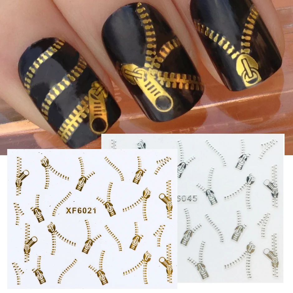 Gold Zipper Nail Art Stickers Sexy Heavy Metal Design Silver Chain Gothic Letter Decals Halloween Manicure Accessories LEXF6021