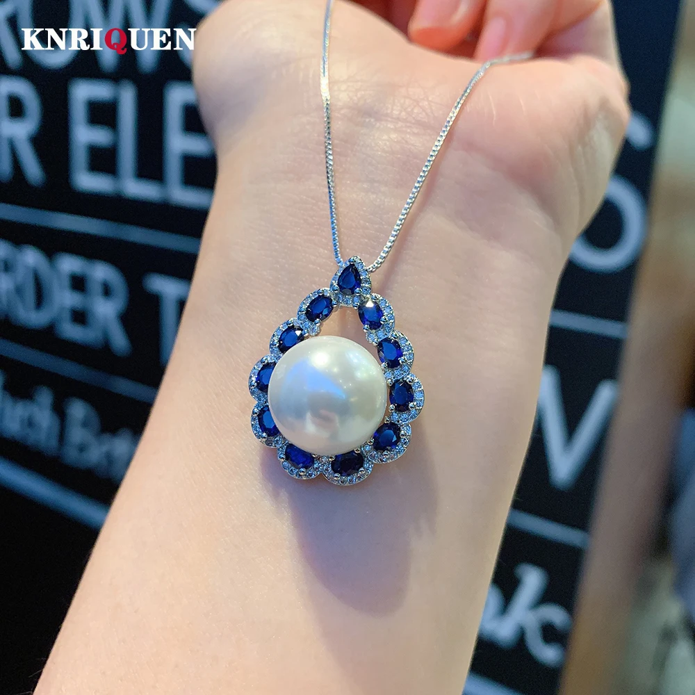 2021 New 14mm White Gold Big Pearl Sapphire Lab Gemstone Pendant Necklace for Women Elegant Anniversary Gift Party Fine Jewelry