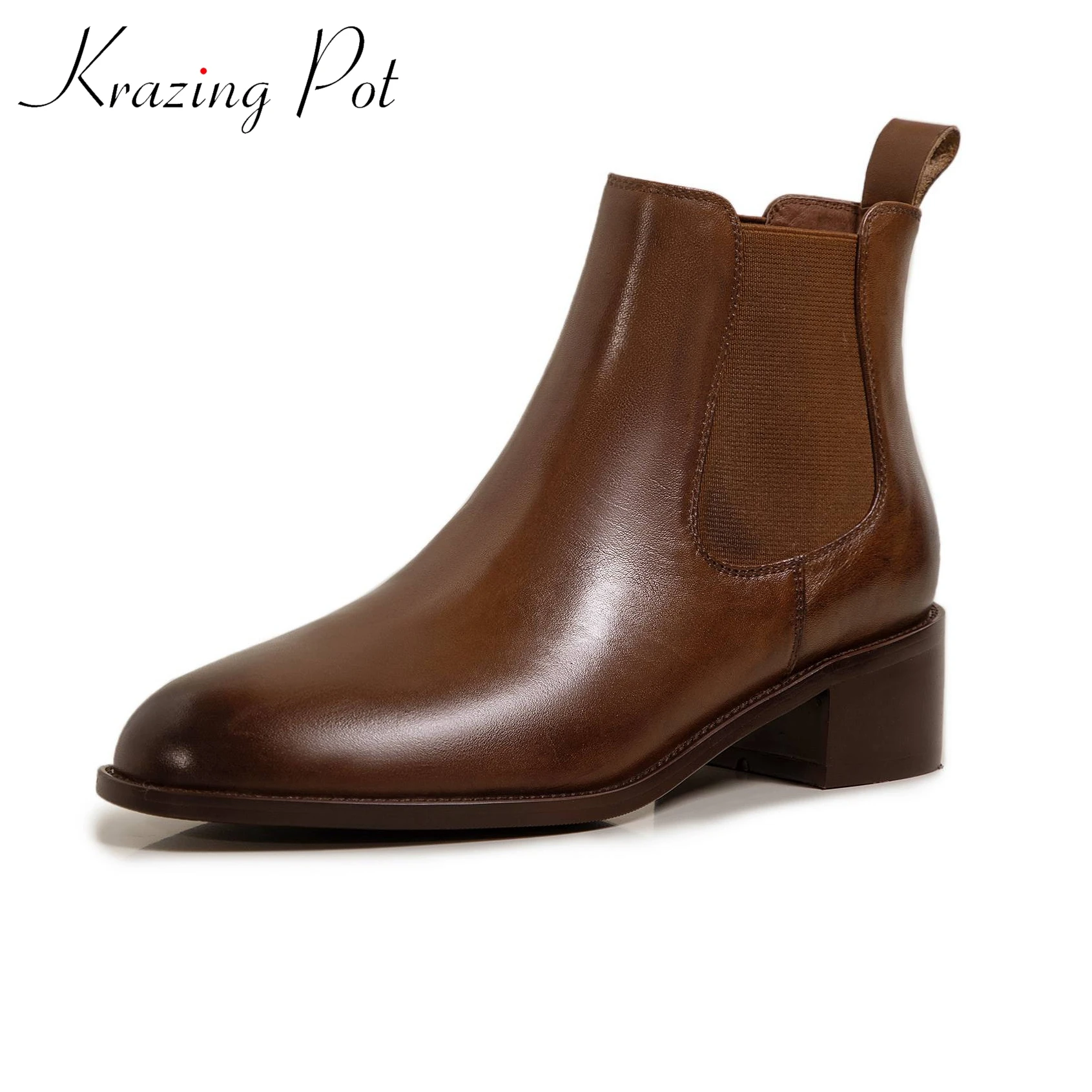 

Krazing Pot 2024 Vintage Cow Leather Vintage Round Toe Chelsea Boots Med Heels Gladiator Winter Retro Gradient Color Ankle Boots