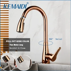 KEMAIDI Rose Torneiras de cozinha Silver & Black Single Handle Pull Out Cozinha Tap Single Hole Handle Taps giratória 360 Água Mixer