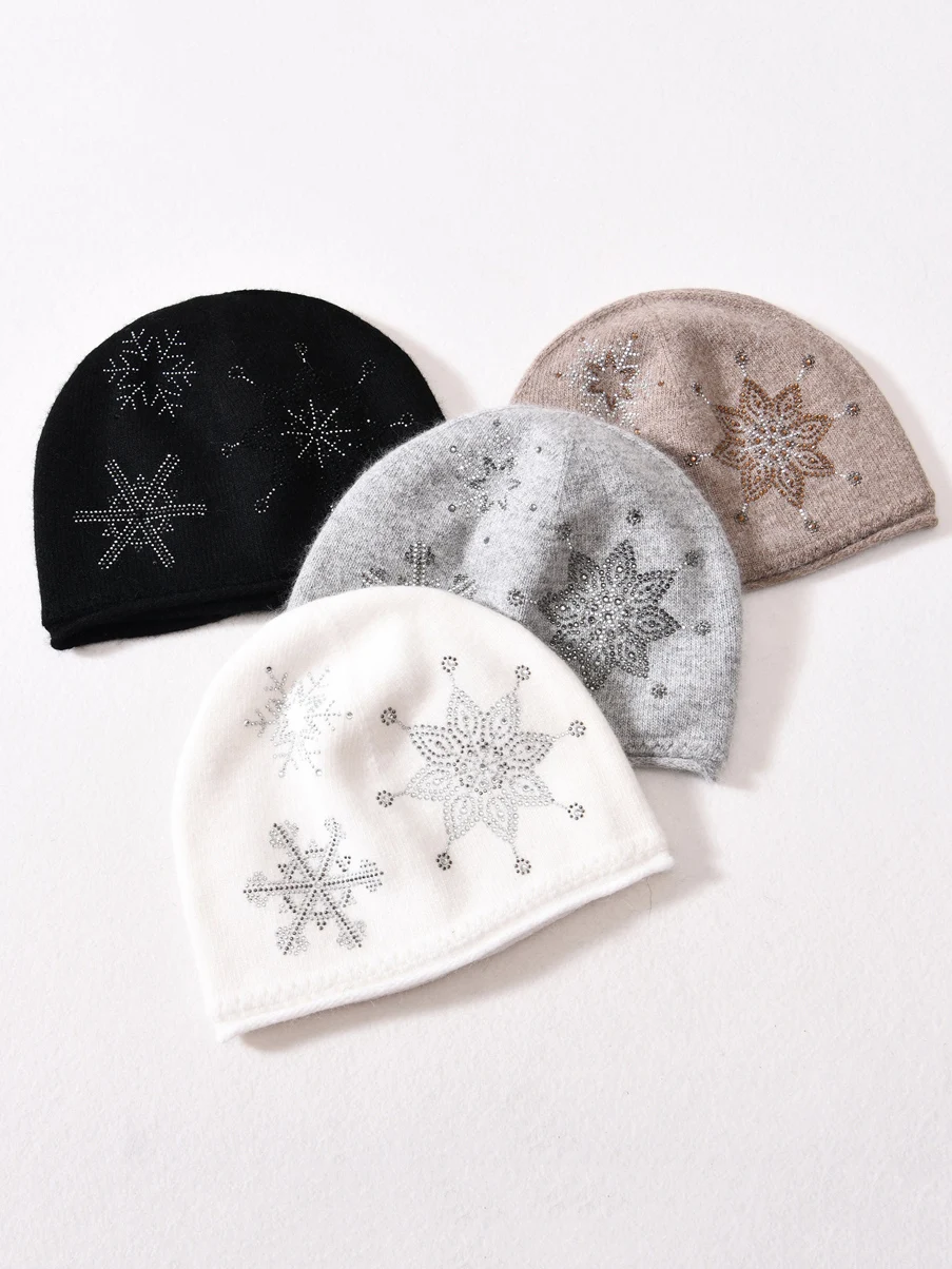 New Cashmere Beanie Hat Snowflake  Rhinestone Winter Cap For Woman Solid Color Warm Hat