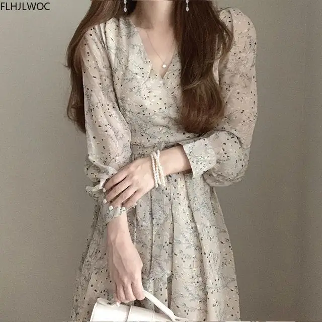 2020 Autumn Basic Long Dress Long Sleeve V Neck Floral Printed Retro Vintage A Line Women Dresses Chic Korea Fashion Vestidos