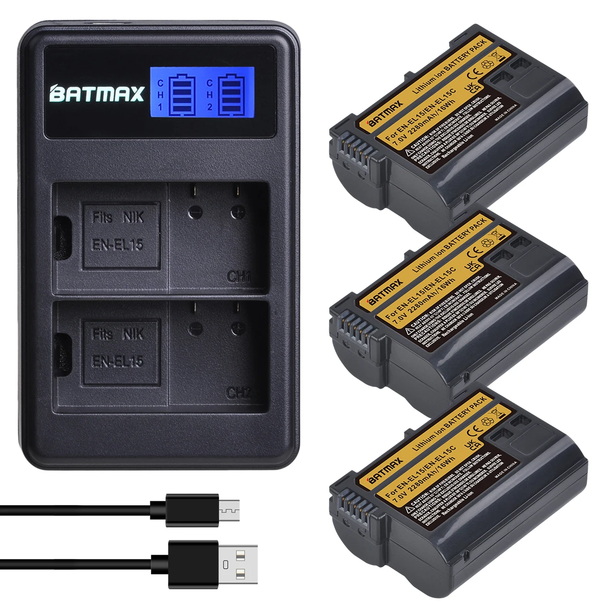 Batmax EN-EL15C  EN EL15 Battery+LCD USB Dual Charger for Nikon Z5, Z6, Z6 II, Z7, Z7II,Z8 D600 D610 D600E D800 D800E D810 D7000