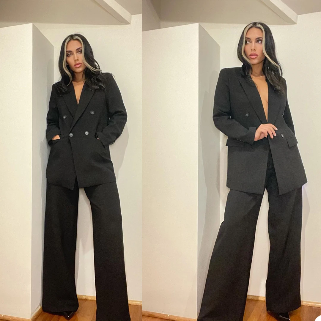 

Sexy Elegant Women Blazer Suits Custom Made Double Breasted Wide Legs Pants 2 Pieces Set Streetwear Casual Daily Coat