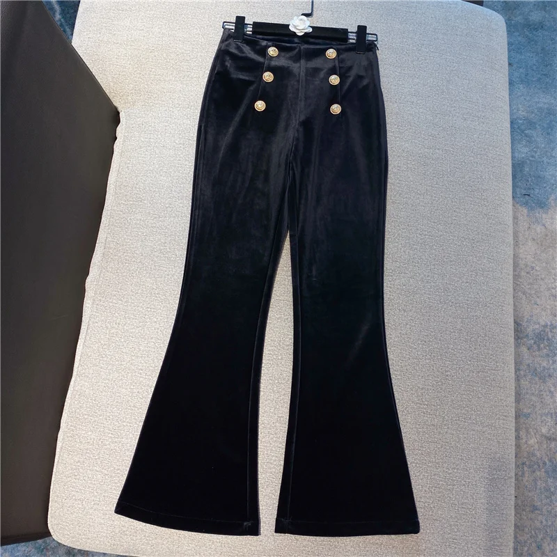 Lady Office Golden Velvet Trousers Metal Button High Waist Flare Pant Women Streetwear Black Korean Autumn Winter Fashion Casual