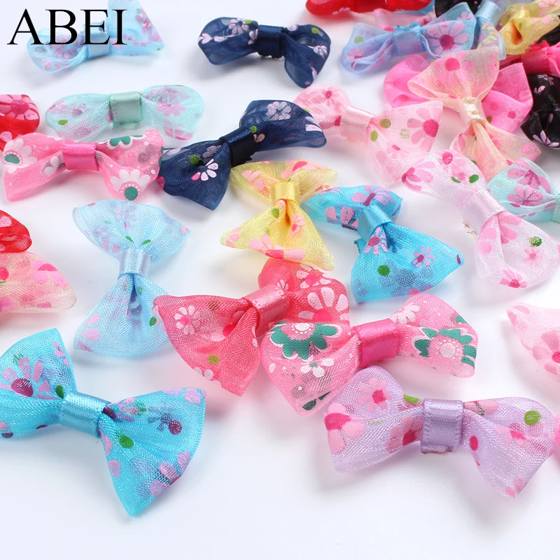 50pcs Mix Colors Organza Ribbon Bows DIY Flower Printing Ribbon Bow For Clothes Bags Hair Bows Ornaments Handmade Crafts