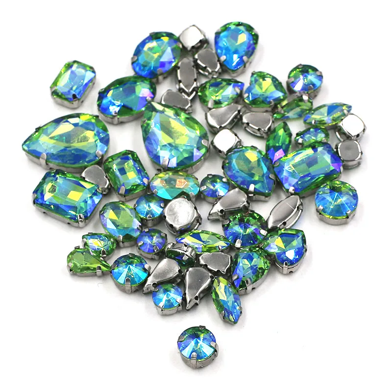 50pcs/bag mixed shape crystal glass rhinestones Green  AB faltback sew on rhinestones diy clothing accessories