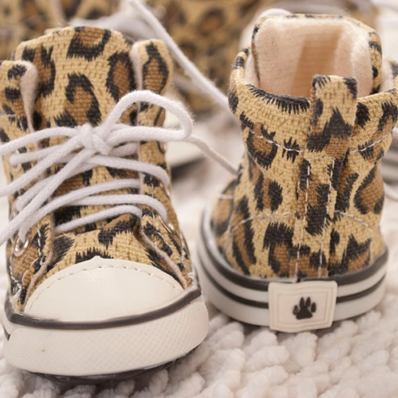 4pcs/set Winter Fashion Lacing Puppy Shoes Leopard Canvas Dog Shoes For Small Dogs Anti-slip Dog Sneaker Soft Bottom Dog Booties