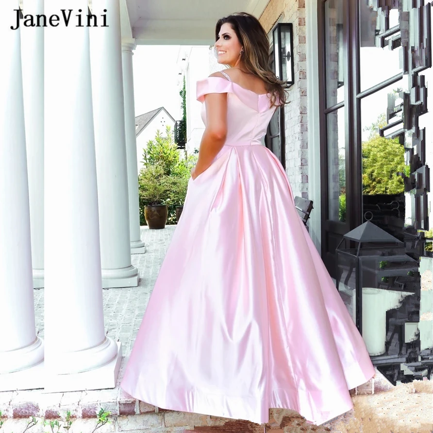 JaneVini – robe de bal trapèze en Satin rose, longue, avec poches, épaules dénudées, longueur au sol, robes formelles simples, grande taille, 2020