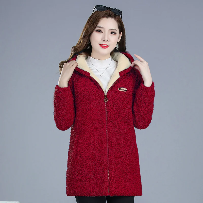 Middle-aged Mother Women\'s Lamb Wool Coat 2022 New Fashion Winter Jacket Women Loose Hooded Mid-length Female Overcoa