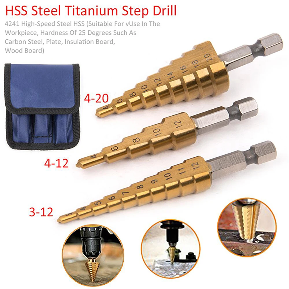 3 pcs Set Punta Del Trapano HSS PASSO Cono Cono Hole Cutter Metrico 4-32mm di titanio Rivestito di Metallo Esagonale Trapano