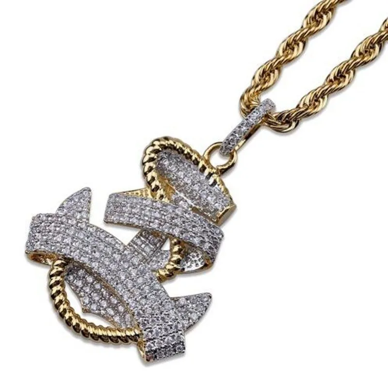 Fashionable Men\'s Necklace Gold Plated Ice Micropav Cubic Zircon Anchor Pendant and Necklace Bling Hip Hop Jewelry