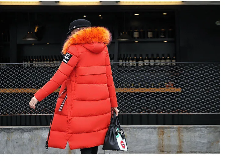 2025 Women's Down Parkas Winter Jacket Big Fur Collar Thick Slim Coat Fashion Hooded Cotton Outerwear Long Winter Woman Coat