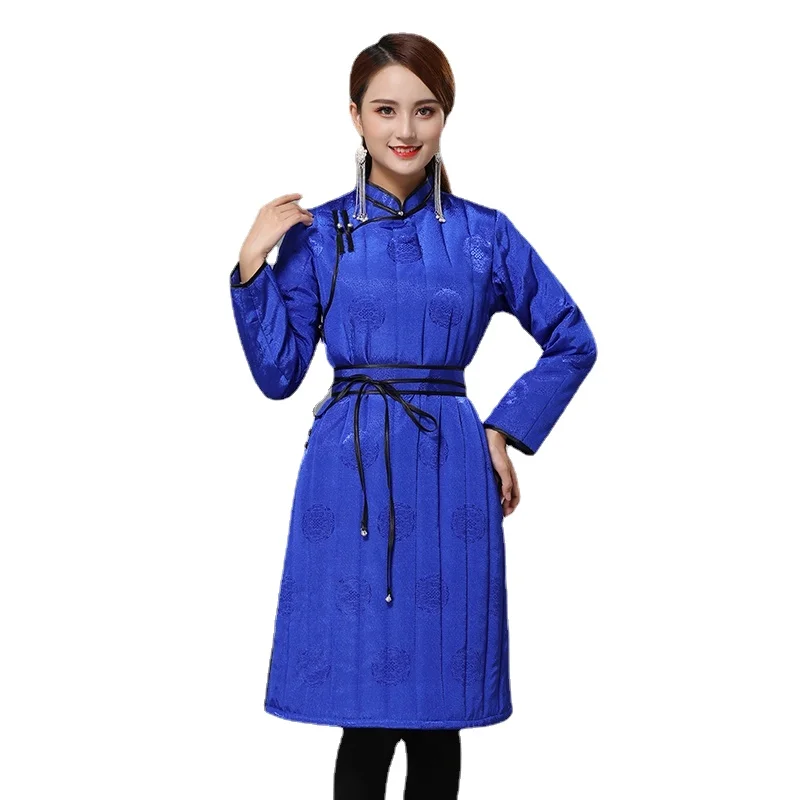 Winter Mongolian Traditional Clothing for Women Mid-length Dress Quilted Padding Coat Chinese Style Mongolia Costume Female