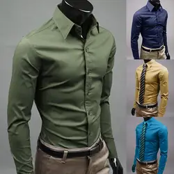 Men Dress Shirt New Fashion Men Solid Color Business Long Sleeve Men Button Turn Down Collar Shirt Top Polyester