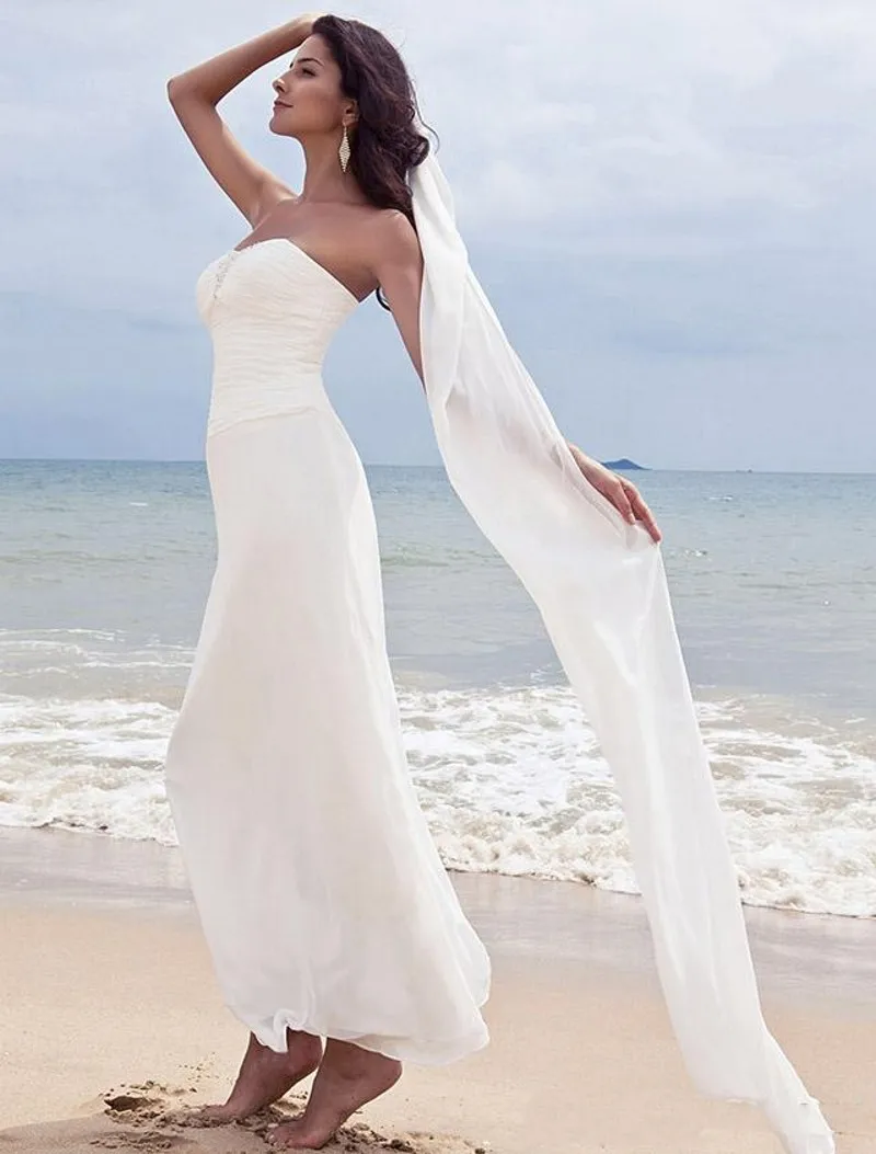 2021 Zomer Chiffon Strand Trouwjurken Sweetheart Kralen Enkellange Geplooide Backless Bruidsjurken Robe De Mariee