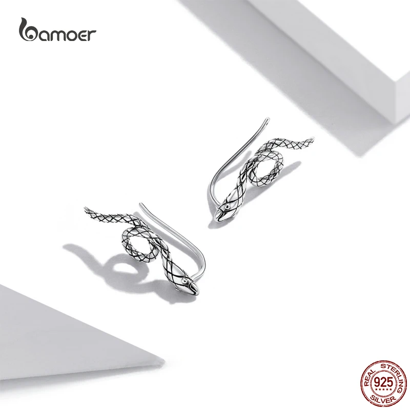 Bamoer New Classic Cute Snake Ear Studs for Women Genuine 925 Sterling Silver Animal Vintage Earrings Fashion Quality Jewelry