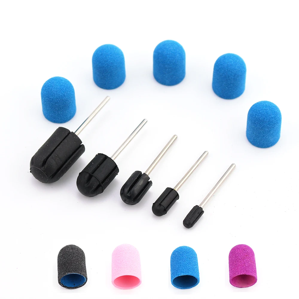 6pcs Nail Drill Bits Sanding Caps Multi-size Milling Nail Plastic Base Electric With Rubber Grip Cuticle Polishing Foot Cuticle