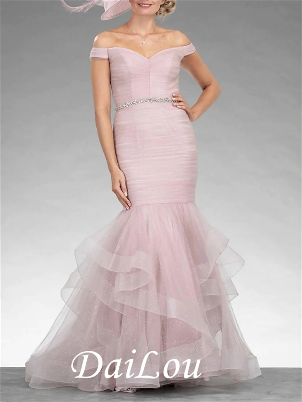 Mermaid Moeder Van De Bruid Jurk Elegante Sexy Off Shoulder Floor Lengte Tulle Korte Mouw Met Tier Crystal Broche Ruching