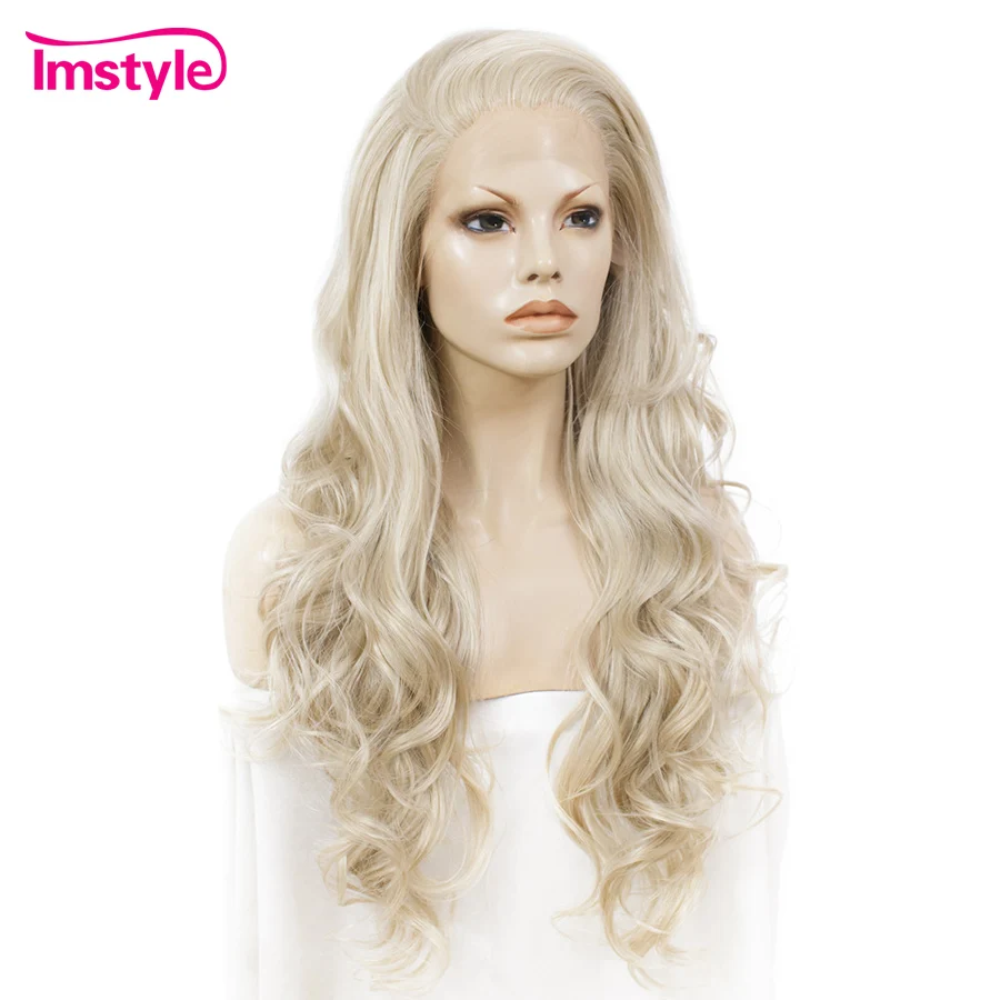 Imstyle Ash Blonde Synthetic Lace Front Wig Long Hair Wavy Wigs For Women High Temperature Fiber Cosplay Lace Front Wig